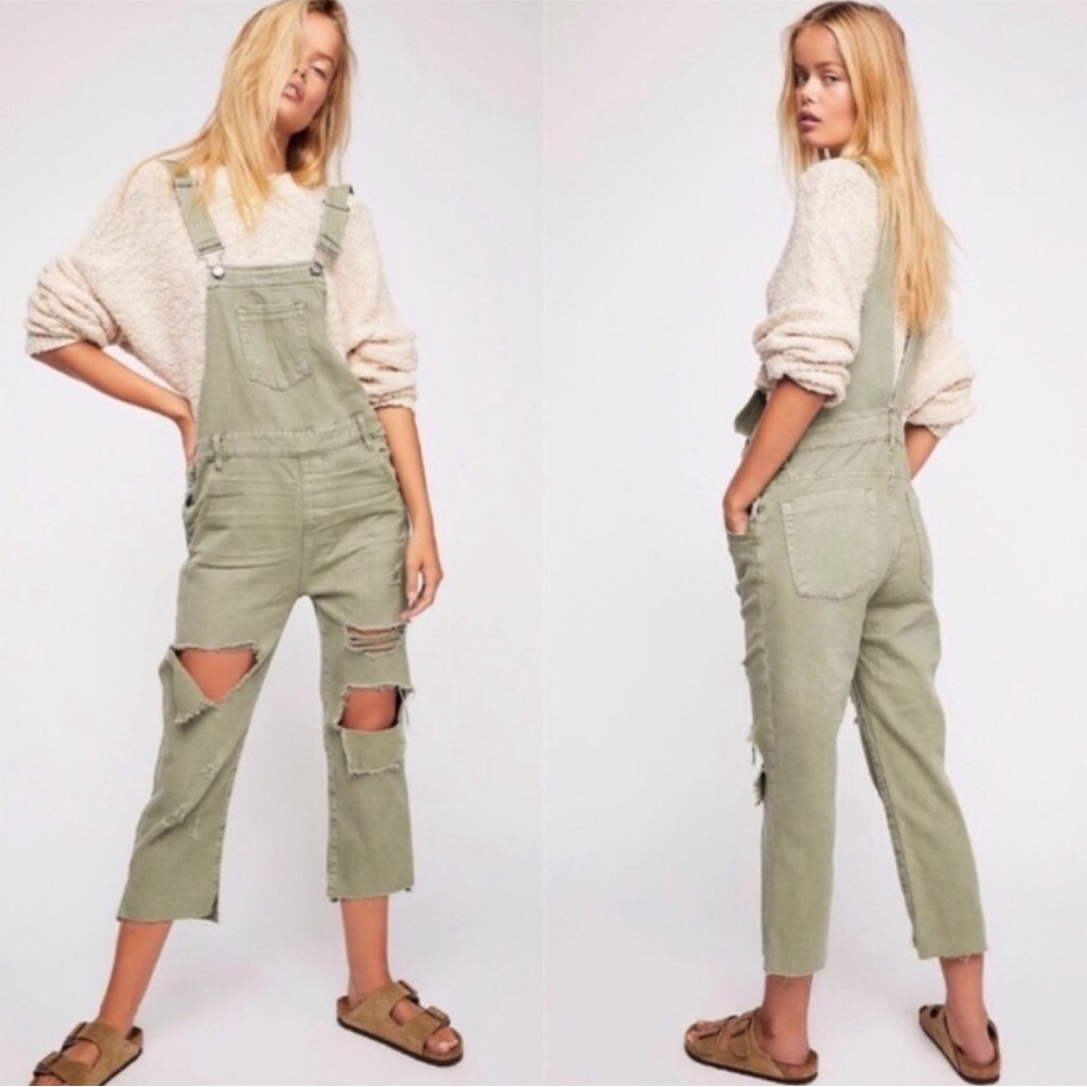 Free People One Teaspoon x Hooligan Distressed Army Olive Relaxed Overalls Sz 27